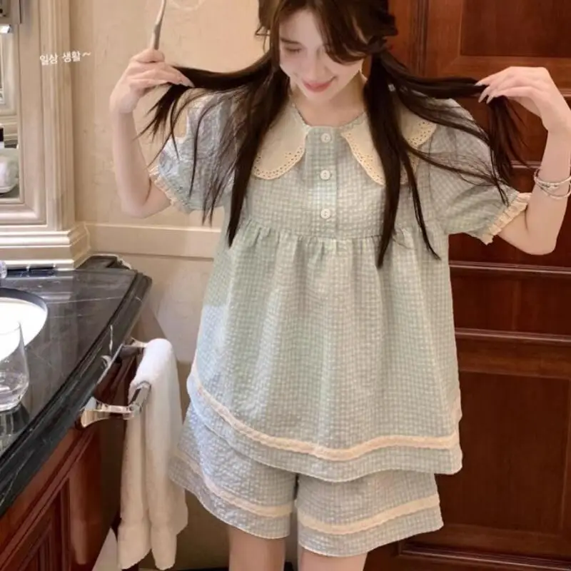 Sweet Lovely Womenl's Home Outfit Summer Korean Version Doll Collar Plaid Short Sleeved Short Set Fashionable Student Clothing