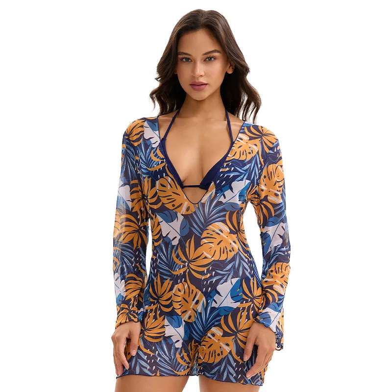 

Sexy 3 Pieces Swimsuit Tropical Print Swimwear Halter Lace-Up Micro Bikini Set+Drawstring Bodysuit Cover Up Beachwear Tankinis