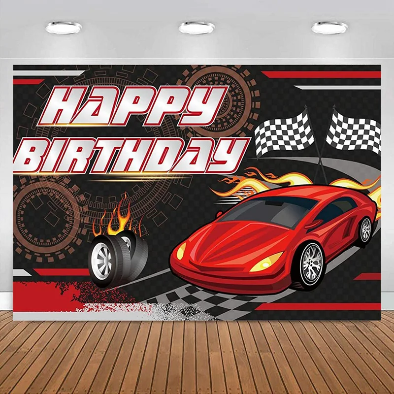 Car Racing Happy Birthday Backdrop Car Theme Party Decorations Photography Background for Girls Boys Baby Shower Supplies Banner