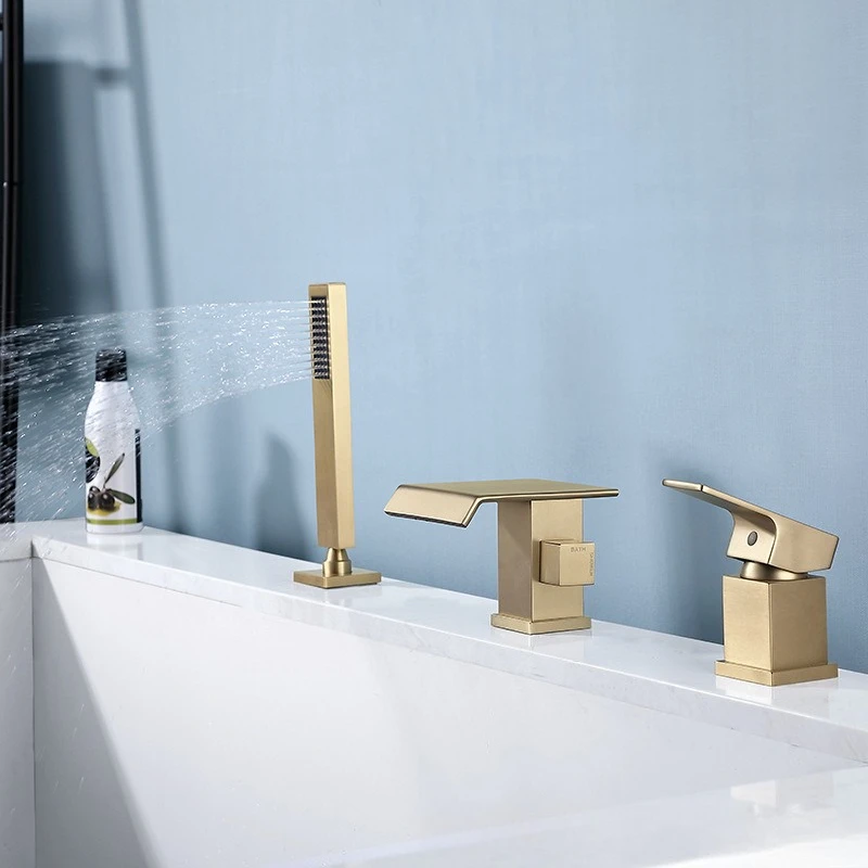 Brushed Gold Black Split Bathtub Faucet Set with Waterfall Spout Hot Cold Water