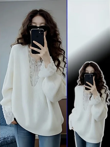 

plus Size Lace Splice V-Ne Knitted Top Faionable Loose Bot Base Layer Women's French Sle Loose Fit Medium Softn