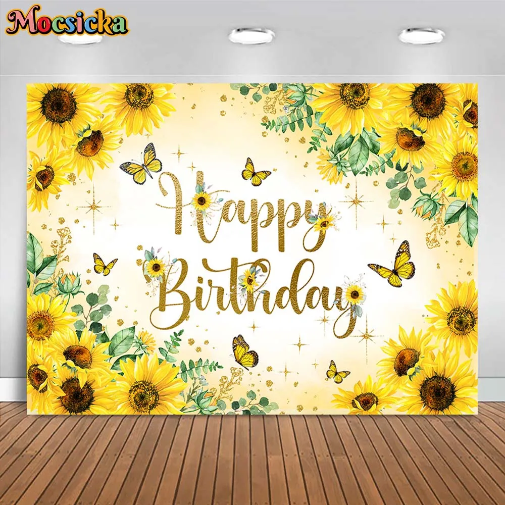 

Mocsicka Sunflower Theme Birthday Background Yellow Butterfly Sunflower Green Leaves Child Birthday Party Decor Backdrops Banner