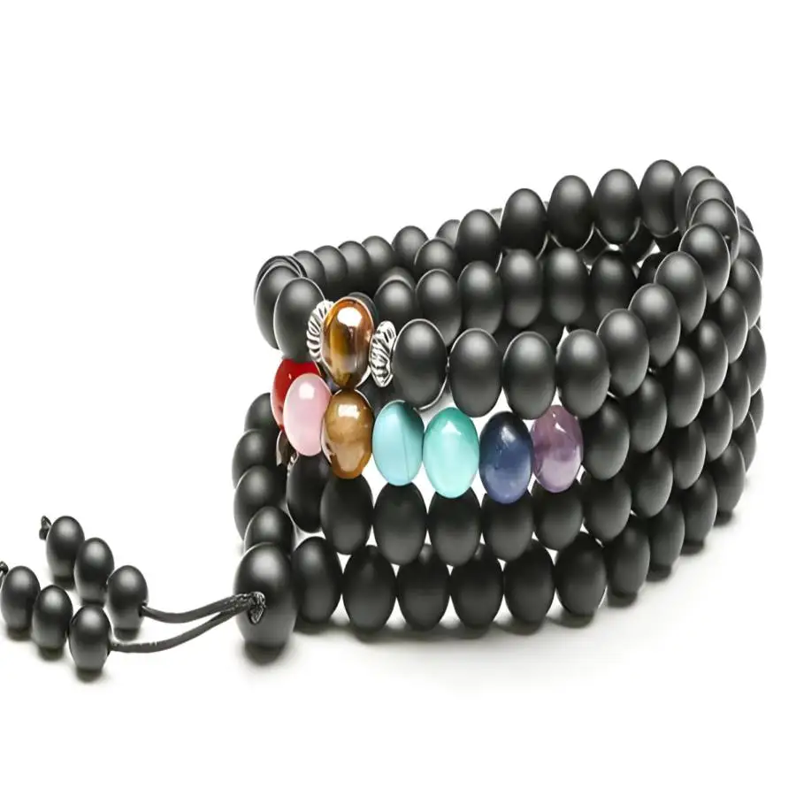 

6mm Black Agate 7 Chakras 108 Gemstone mala Bracelet Stone Mala Sacred Buddhist Chakra Hand Gemstone Buddha Bead Prayer
