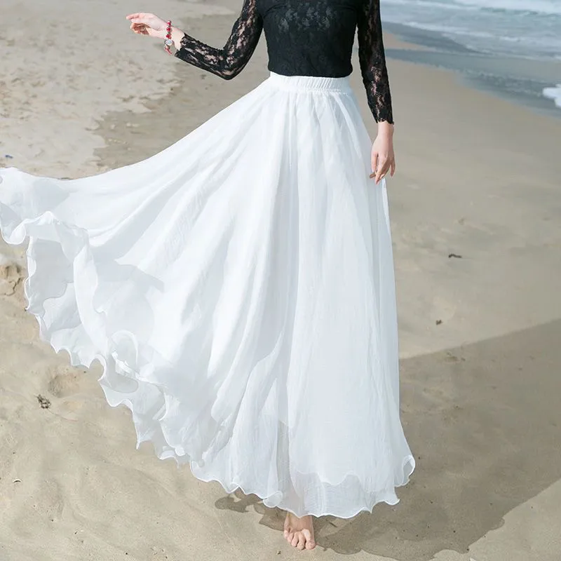 720 Degrees Gold Silk Chiffon 8 Meters Full Skirt Women's Beach Holiday High-Waisted Slim Summer Bright Silk Chiffon Dance Skirt