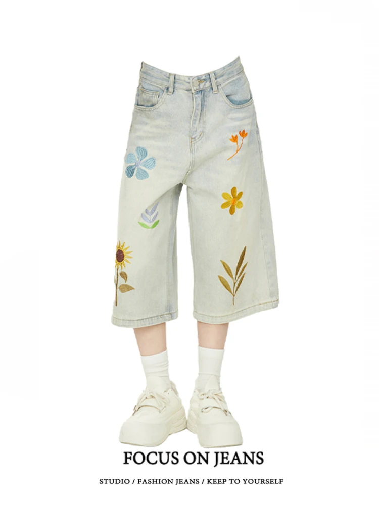 

Американские синие джинсы с вышивкой и высокой талией, свободные прямые брюки ort, женские летние новые брюки Faion Seven-Five