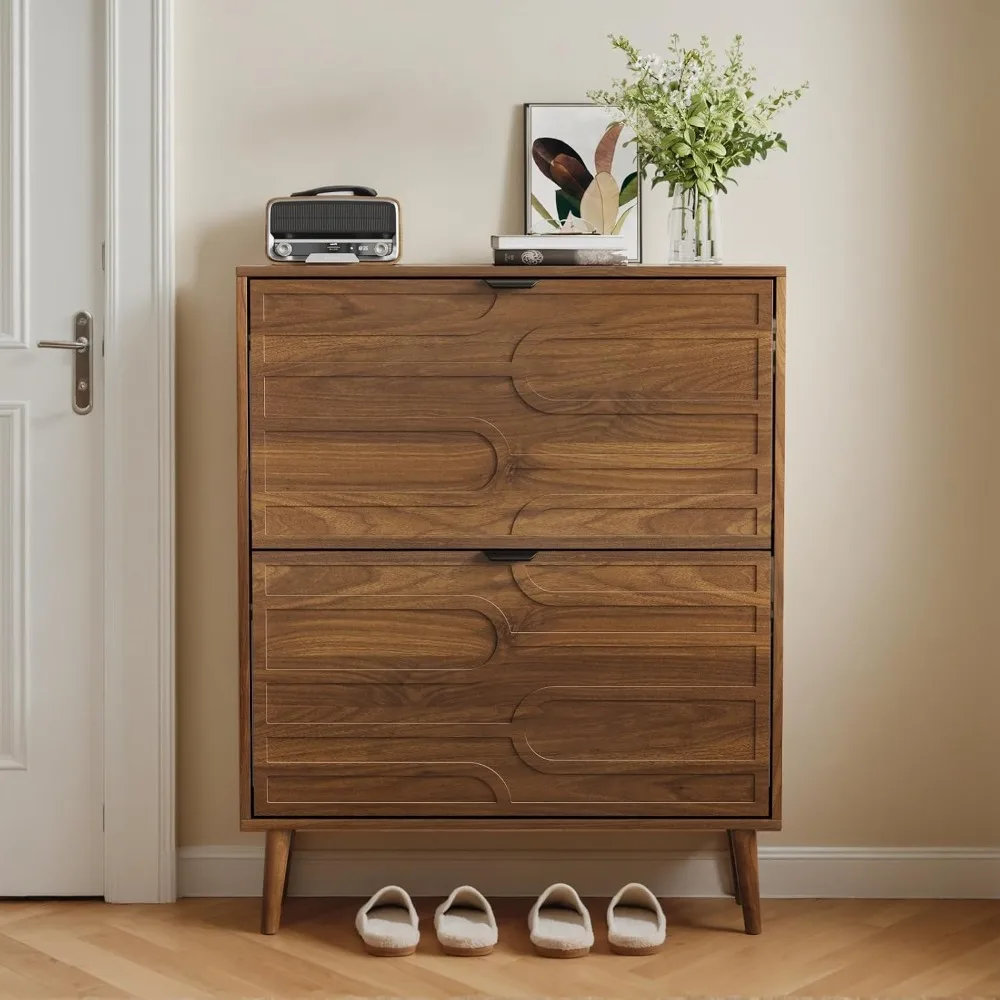 

Modern Shoe Cabinet with 2 Flip Drawers, Shoe Storage Organizer for Entryway Slim, Freestanding Wood Shoe Rack Cabin