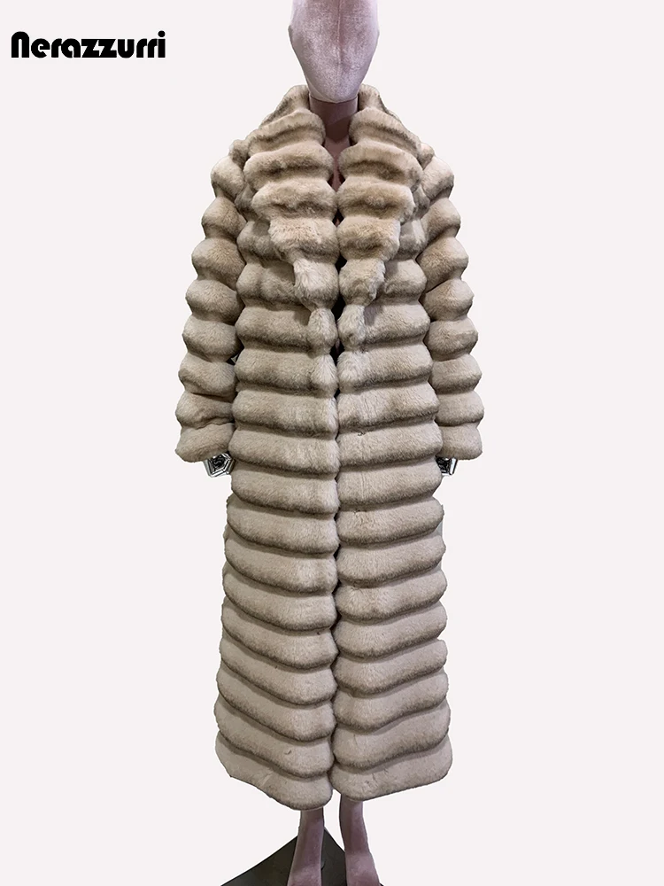 Nerazzurri Winter Long Striped Thick Warm Fluffy Faux Chinchilla Fur Coat Women Shawl Collar Elegant Chic Luxury Furry Overcoat