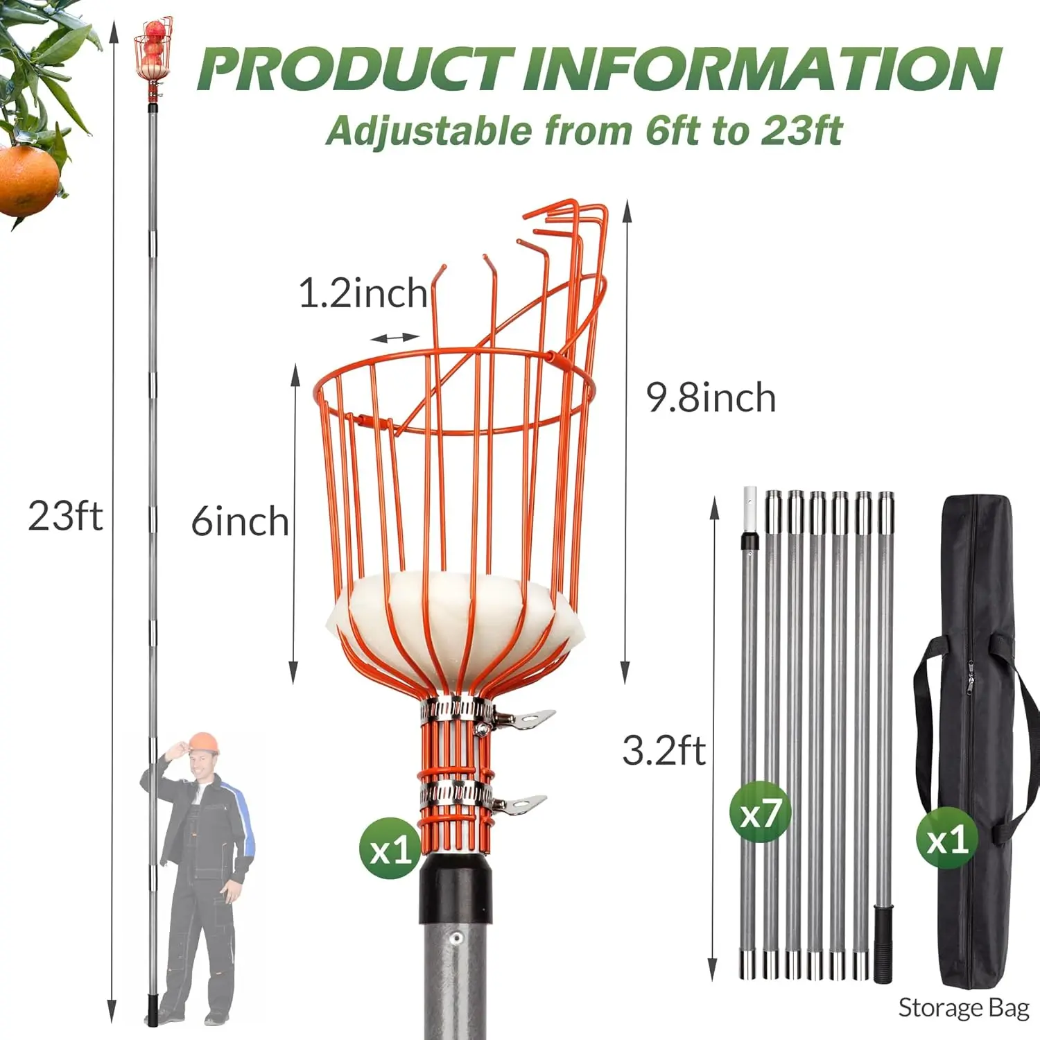 

23FT Fruit Picker, Adjustable Fruits Picker Tool with Fiberglass Pole, Big Basket and Storage Bag, Catcher Equipment Tree