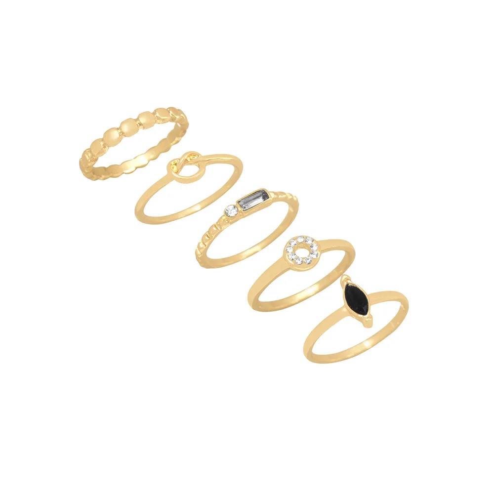 Trendy Goud Kleur Plating Zwarte Boot Steen Heldere Cirkel 5 Stuks Ring Pack Voor Vrouwen Meisje Casual Elegant Delicate Sieraden Accessoire