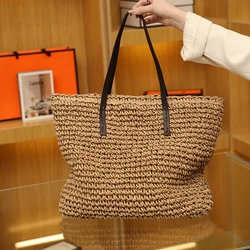 Bolso de playa informal para mujer, bolsa de paja de gran capacidad, de diseñador, hecho a mano, de hombro de ratán, verano, 2022