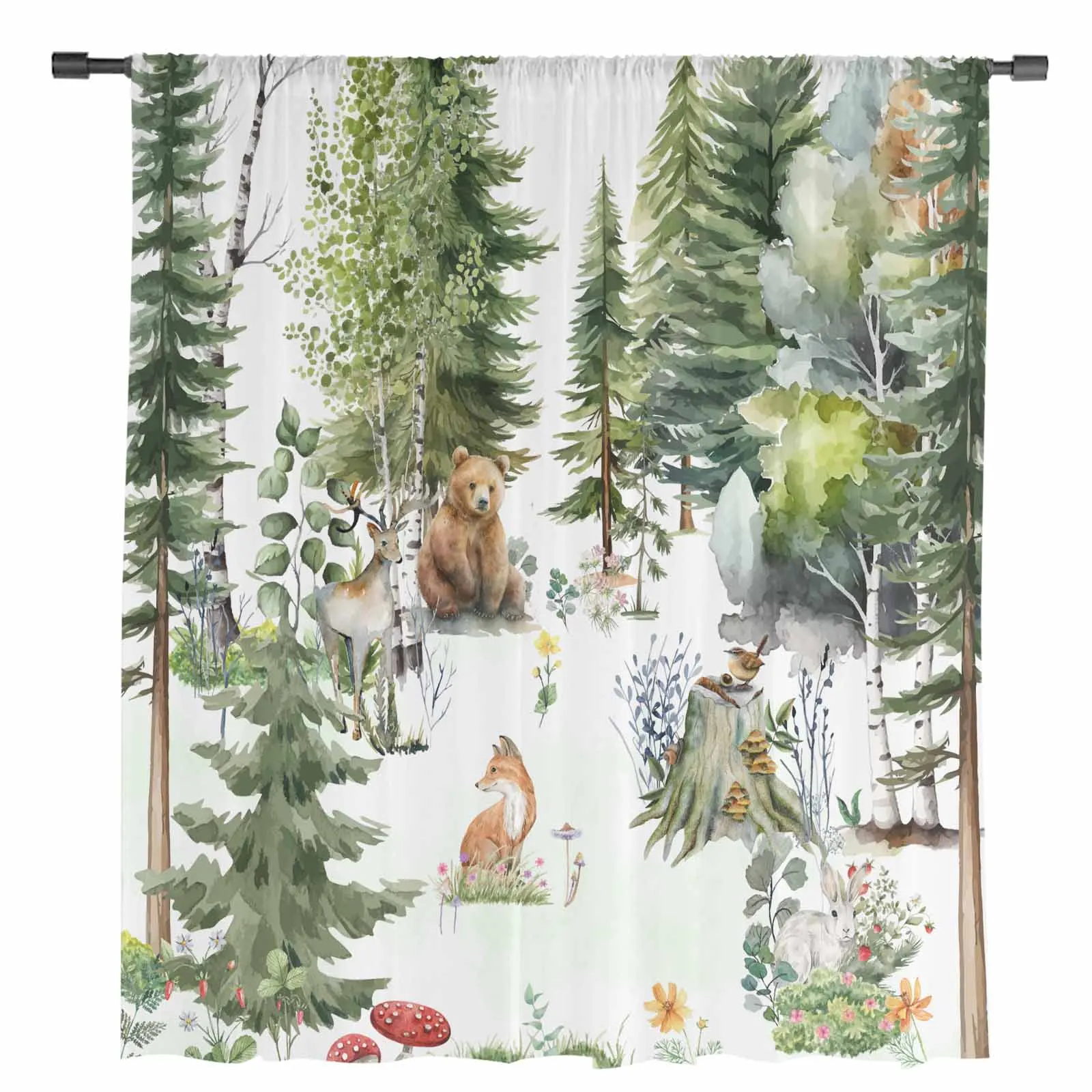 Watercolor Animals Bear Deer Rabbit Tulle Curtains for Living Room Bedroom Modern Chiffon Sheer Voile Kitchen Window Curtain