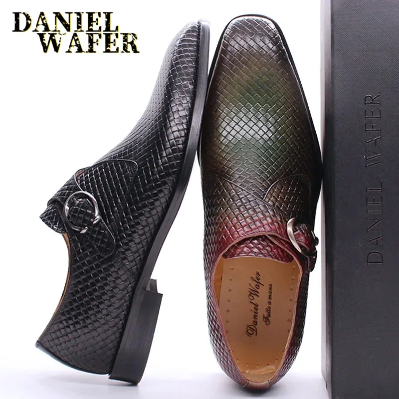 Luxury Men's Genuine Leather Loafers Slip-On Monk Strap Shoes - Casual Office Business Wedding Mix Color Black - view 3