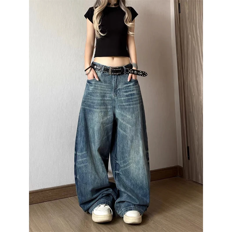 

ZHIZOU Women Blue Baggy Y2k Emo Jeans Aesthetic 2000s Style Low Waist Jean Pants Vintage Harajuku Oversize Denim Trousers Autumn