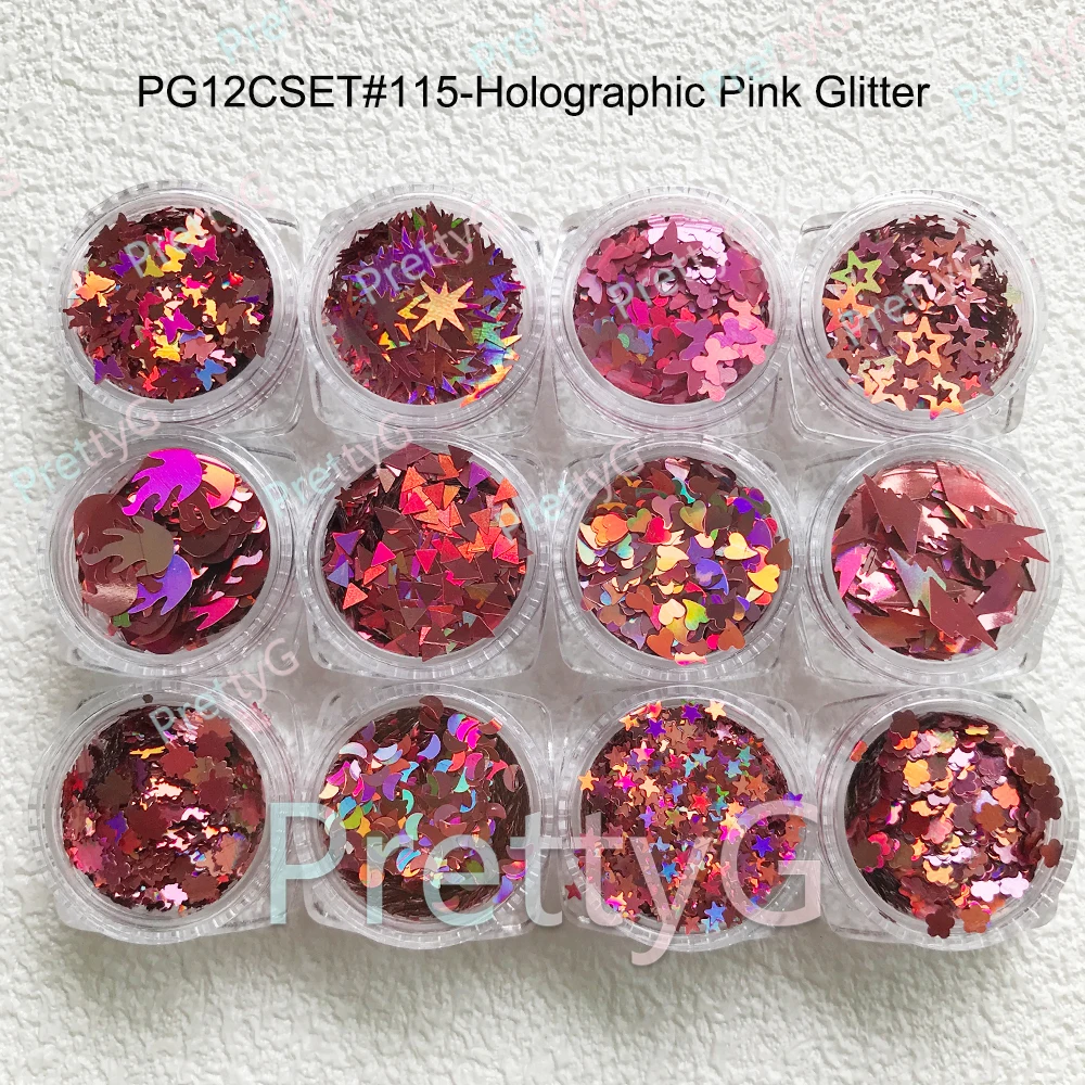 PrettyG 1 Juego de caja de 12 colores, purpurina holográfica Dk.red, forma de lentejuelas rosa, purpurina para uñas para resina, decoración artística de uñas DIY