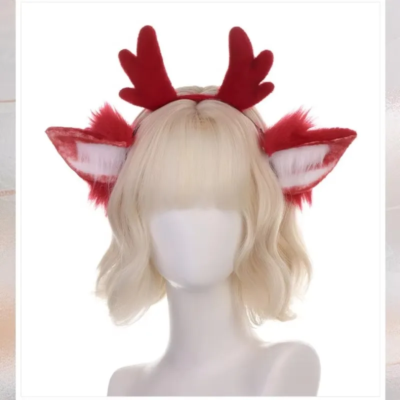 Winter Cute Faux Plush Ear Antler Headband Cosplay Handmade Christmas Accessories Performance Party Hair Ornaments 5
