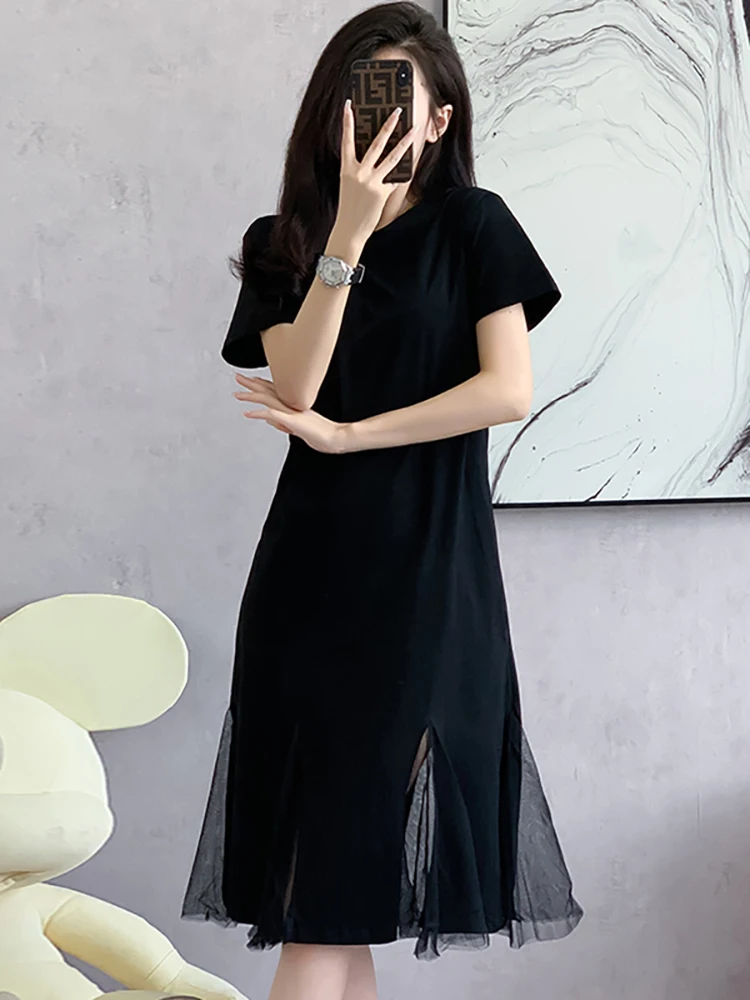 

Women Korean Vintage Hepburn Evening Dress 2025 Black Short Sleeve Loose Waist Casual Dress Summer New Chic Patchwork Mesh Dress