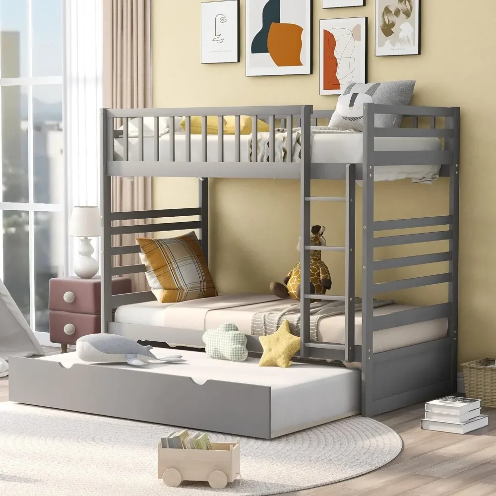 Twin Over Twin Bunk Bed with Trundle and Safety Rail, Wooden Convertible Bunkbed can be Separable into 2 Platform Bed frames