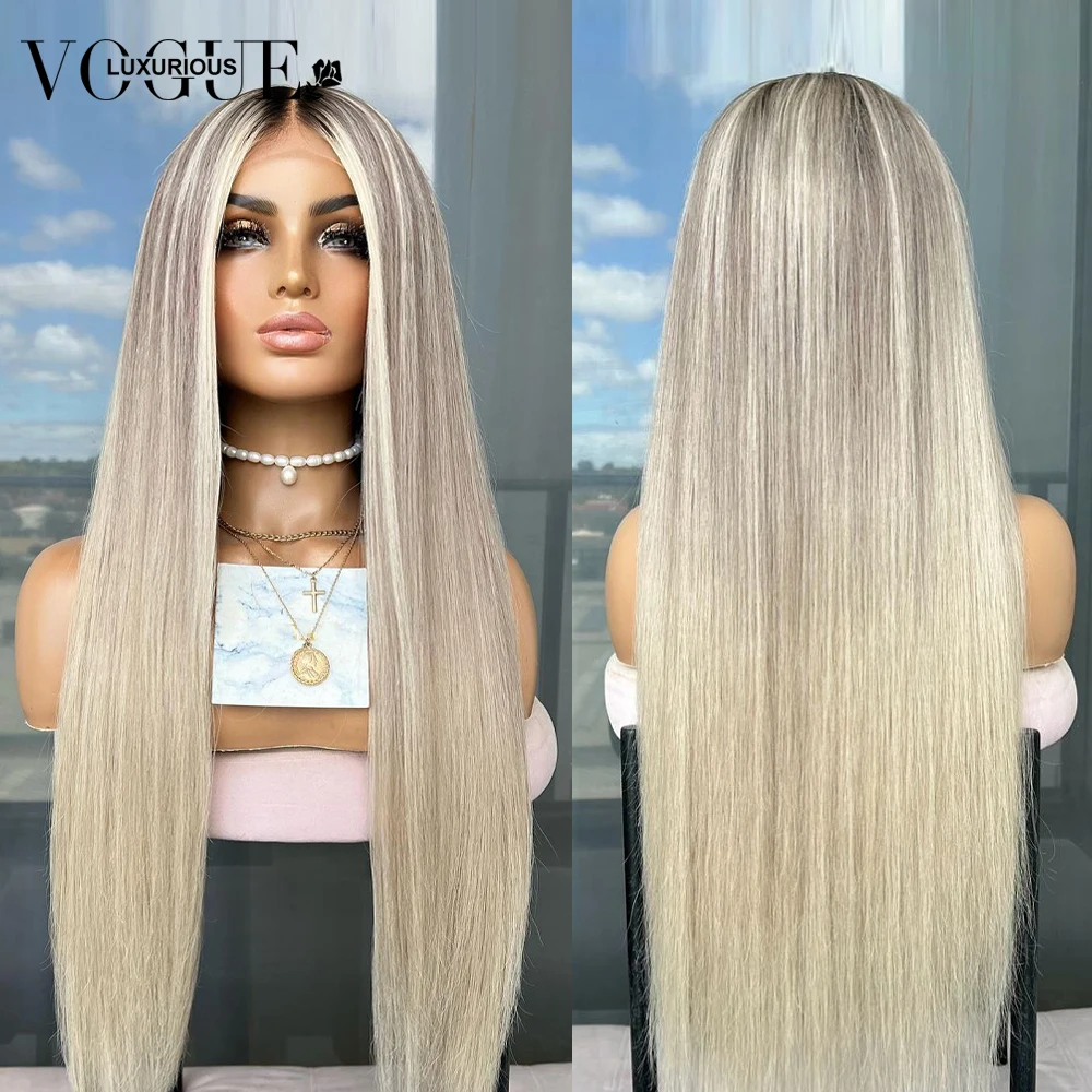 

LUX VOGUE Highlight Grey Amber Gold Sleek Straight 100% Human Hair Wig Root Shadow Hair 13x6 Upgrade Nude Color Lace Front Wig