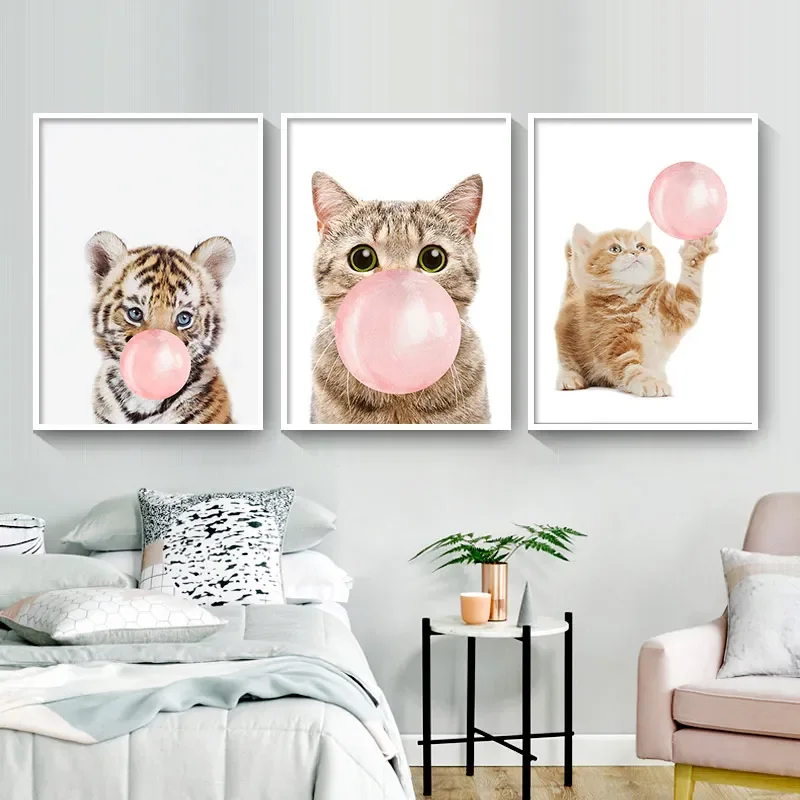 Nordic Wall Art Picture Girl Baby Bedroom Home Decor Pink Balloon Bubble Gum Cute Cat Tiger Animal Canvas Painting Posters