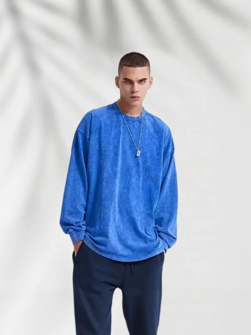 230G Double Yarn Solona Neck Pure Cotton, Round Neck Old Washed Threaded Bundle Sleeve T-shirt for Men and Women