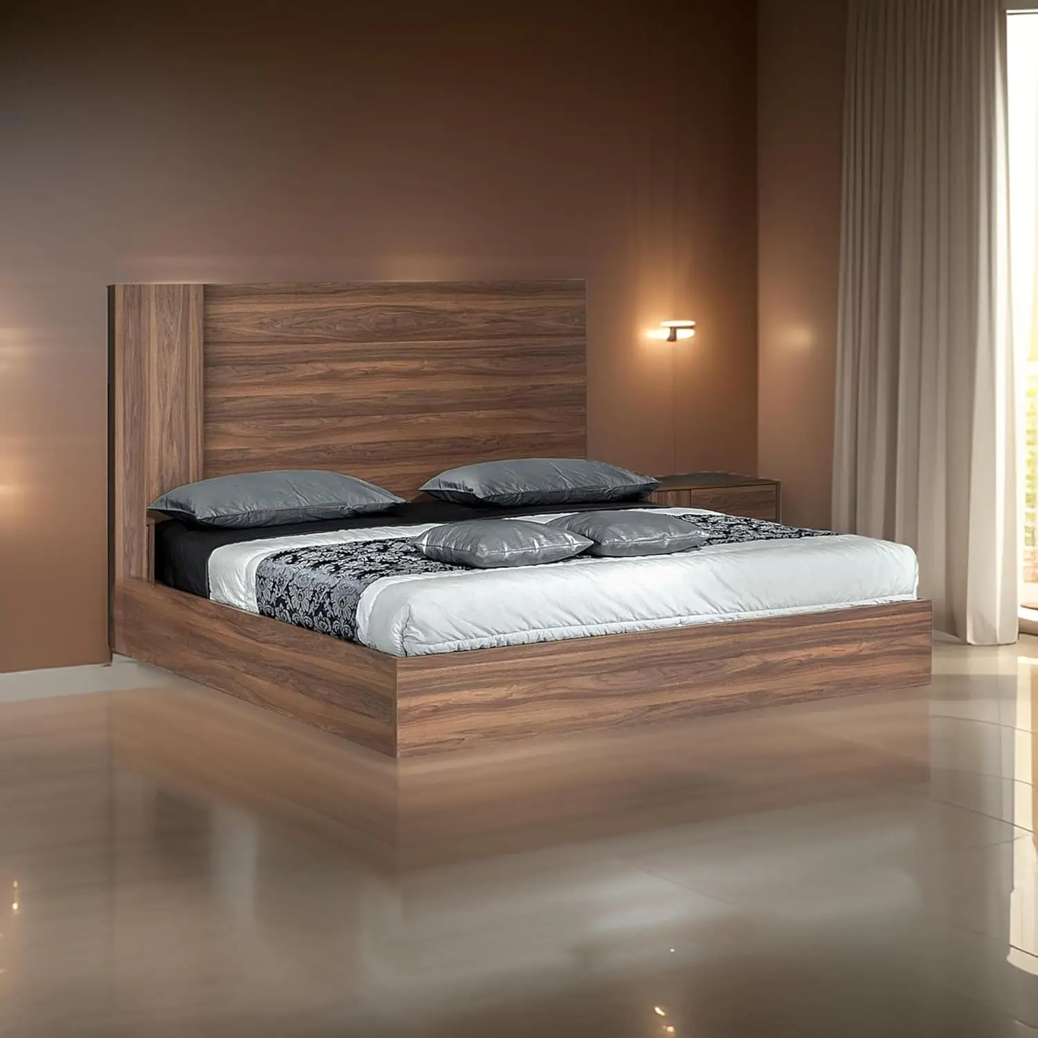 Benjara Noe Zid King Size Bed With Tall Headboard, Low Profile, Brown Walnut Veneer