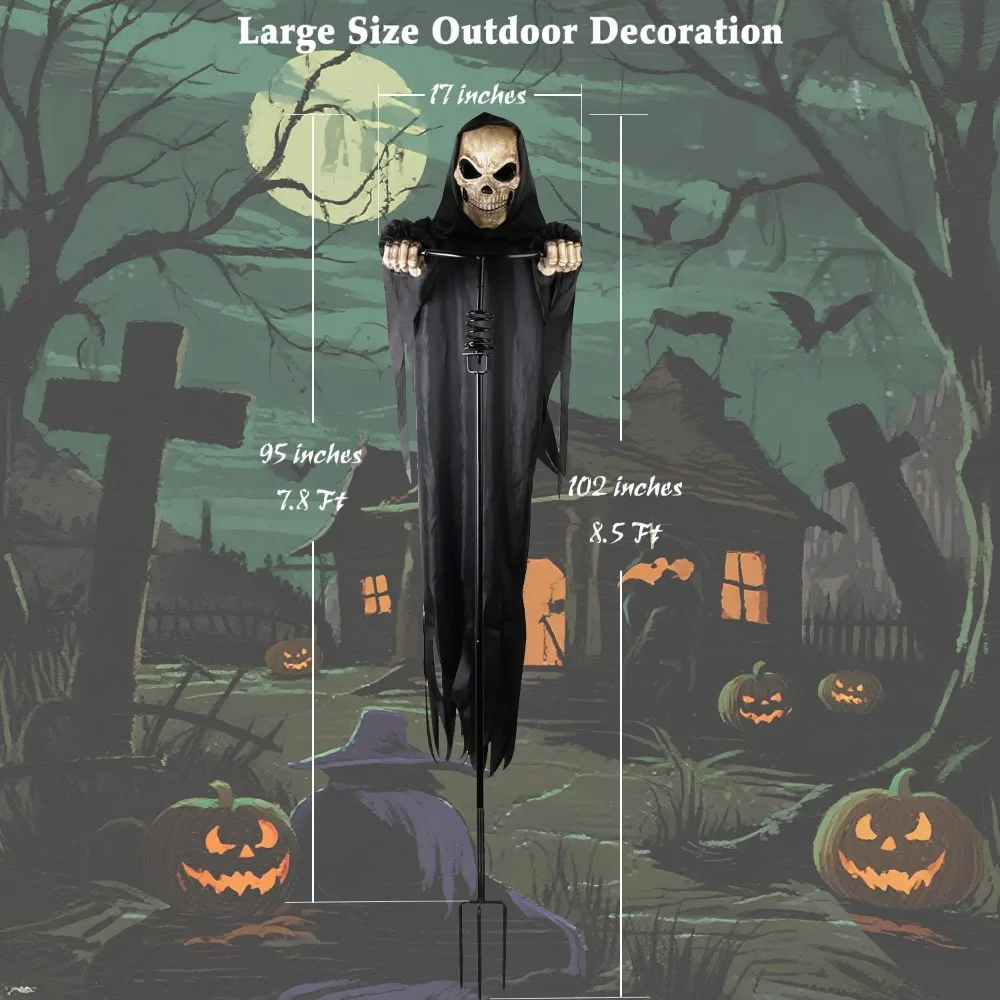 Decorações de esqueleto de Halloween ao ar livre: Reaper de crânio voador de 7,8 pés de altura com fantasma e espantalho para jardim e varanda