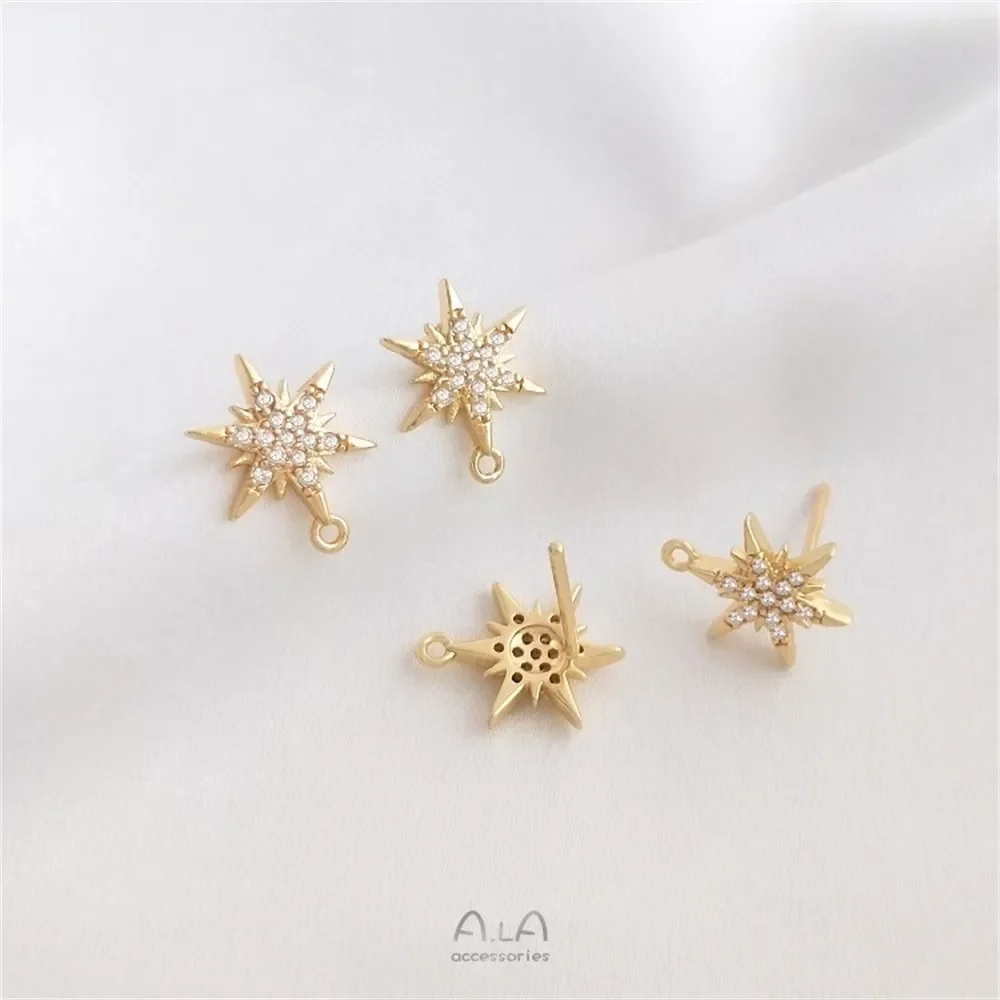 14K Gold Micro Inlaid Zircon Six Pointed Star with Hanging Rings DIY Earrings 925 Silver Needle Ear Jewelry Earring Accessories