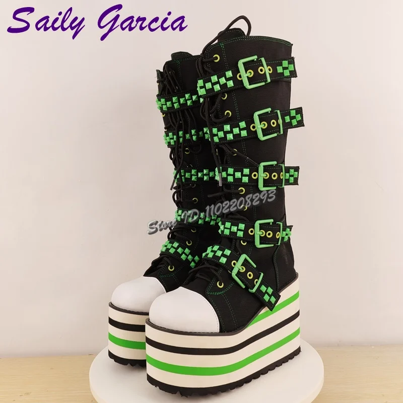 Bottes hautes à lacets avec bretelles à boucle verte, Punk, Patchwork, bout rond, plateforme, mode f