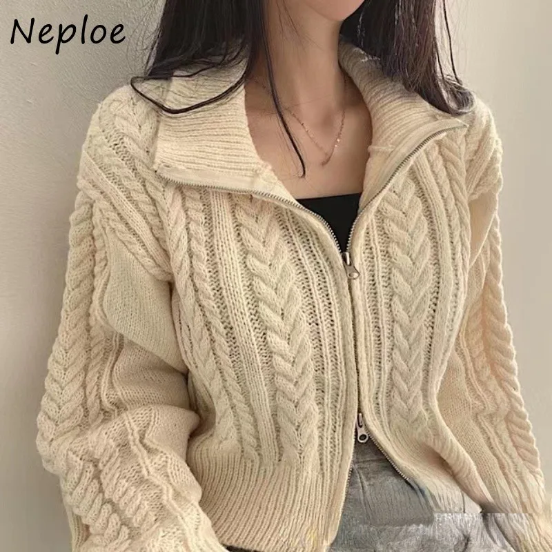 Neploe Harajuku Sweet Double Zipper Tops Womnen Y2k Vintage Crop Top Sweaters Mujer Long Sleeve Loose Knitted Cardigan