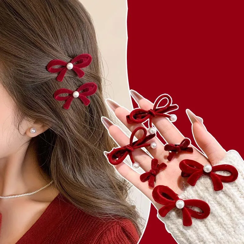 2 uds. Pinzas para el cabello con lazo de terciopelo rojo para mujeres y niñas, Mini flequillo elegante con lazo de perla, horquillas con Clip LATERAL, accesorios para el cabello