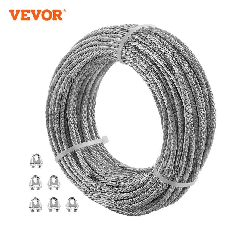 VEVOR-Cable de acero galvanizado para construcción, Cable de avión de 3/16 pulgadas, 249 pies, 7x19, con abrazaderas