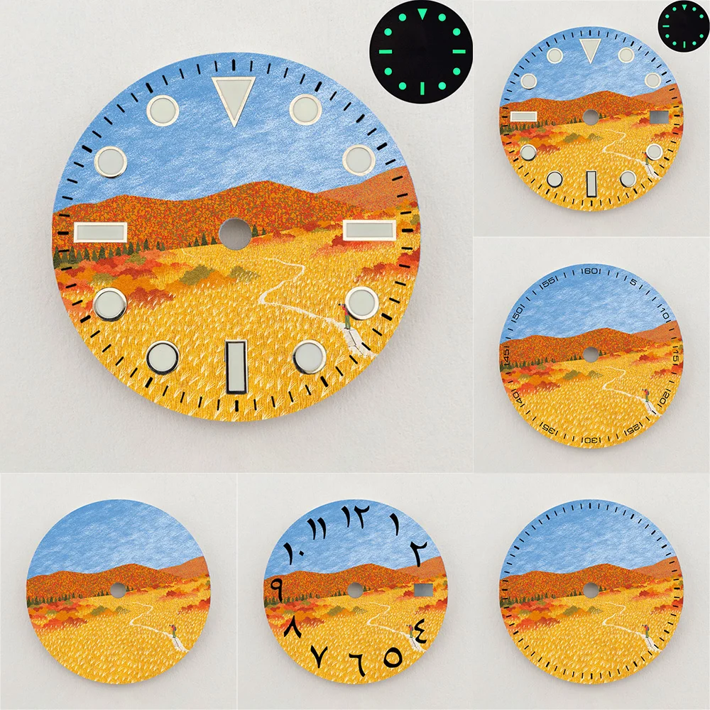 28.5mm NH35 Dial Autumn Field Landscape Dial Green Luminous Dial NH36 Dial Watch Accessories Fits NH35/NH36 Movements