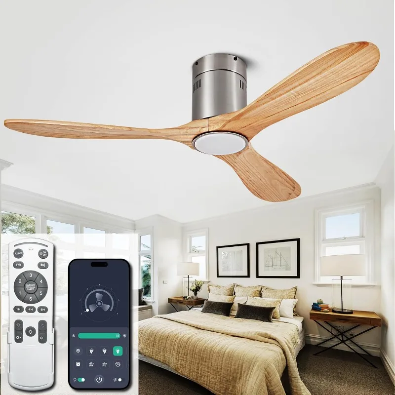 Light with 6 Speed Remote/APP Control, Solid Wood Fan Blade, 3CCT Dimmable LED, Noiseless, Bedroom, Hallway