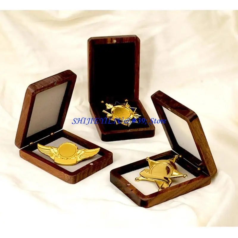 E21F Coin Display Case Secure Medals Storage Chest Wooden Badge Packing Box Practical Commemorative Holder