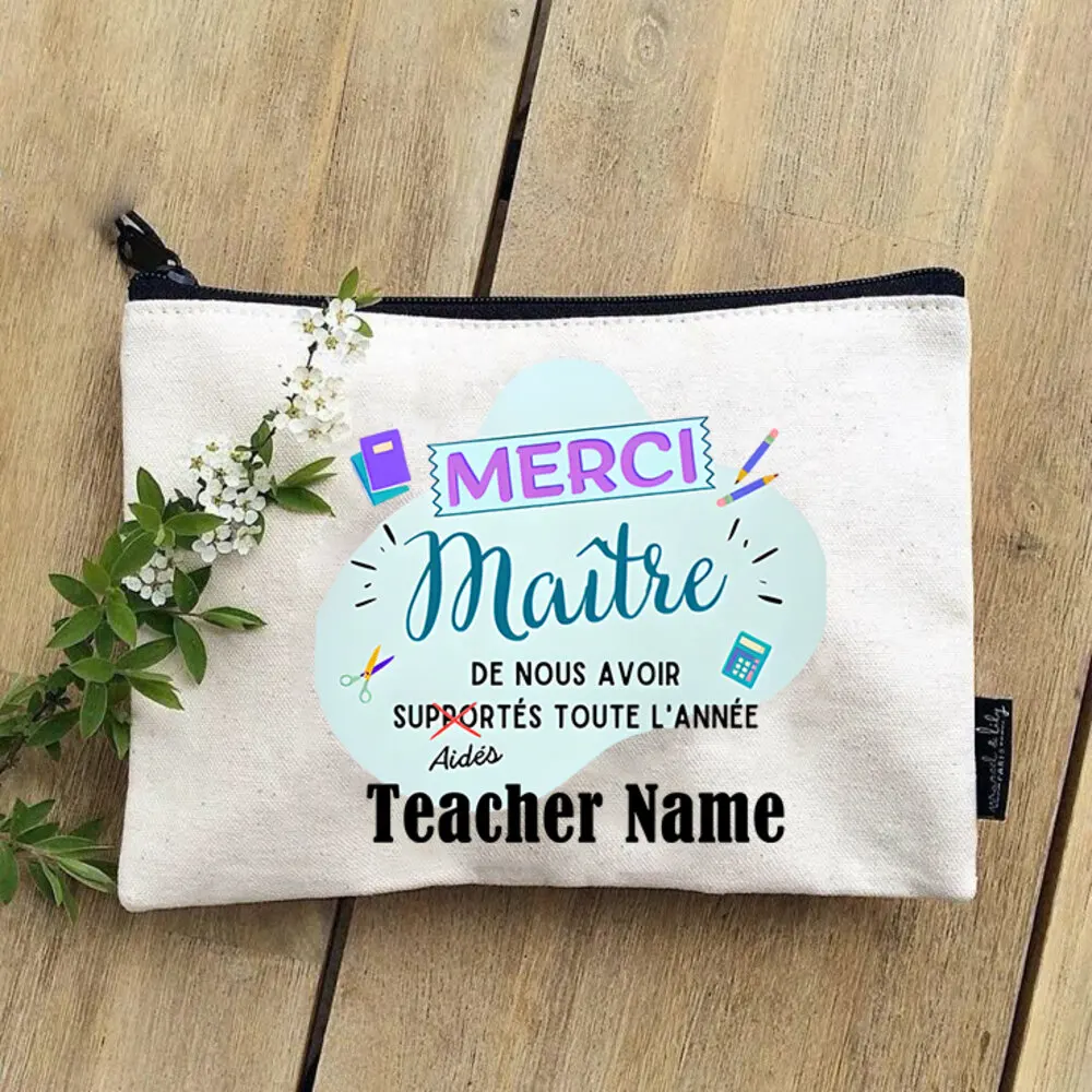 

Merci Maitre Atsem French Printed Pencil Bag Stationery Bags Travel Makeup Pouch Teacher's Day Graduate Thanks Gift for Teacher