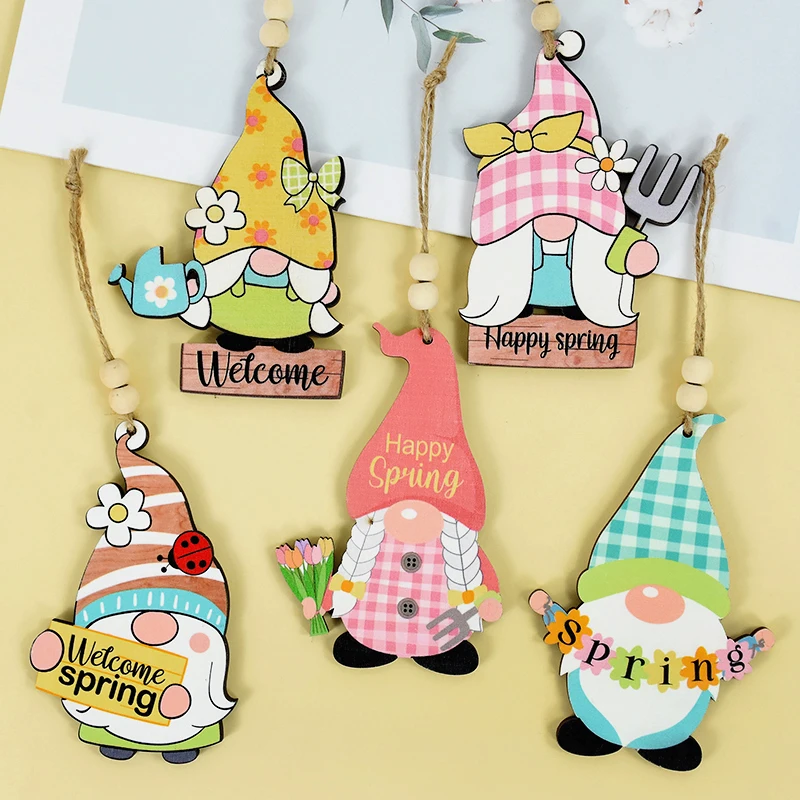 

5pcs Wooden Easter Ornaments Wood Gnome Faceless Doll Hanging Pendants Spring Easter Party Home Decorations Supplies Favor Gifts