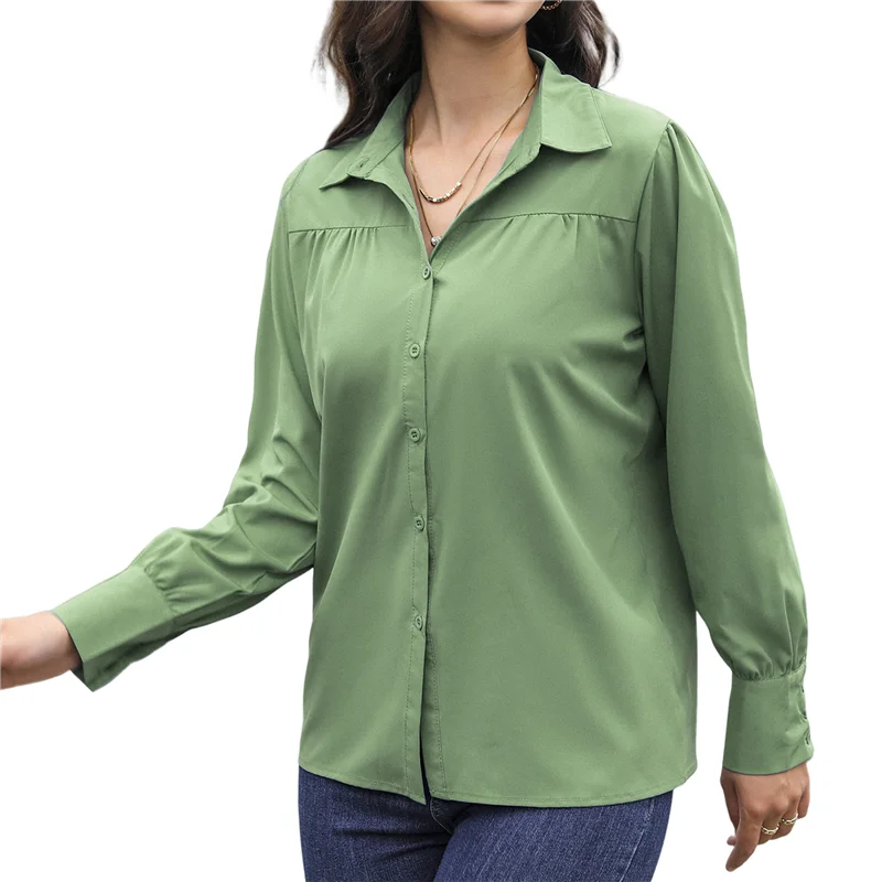 ASDS-Damska elegancka bluzka z długim rękawem, zapinana na guziki, z kołnierzykiem, elegancka plisowana bluzka do pracy