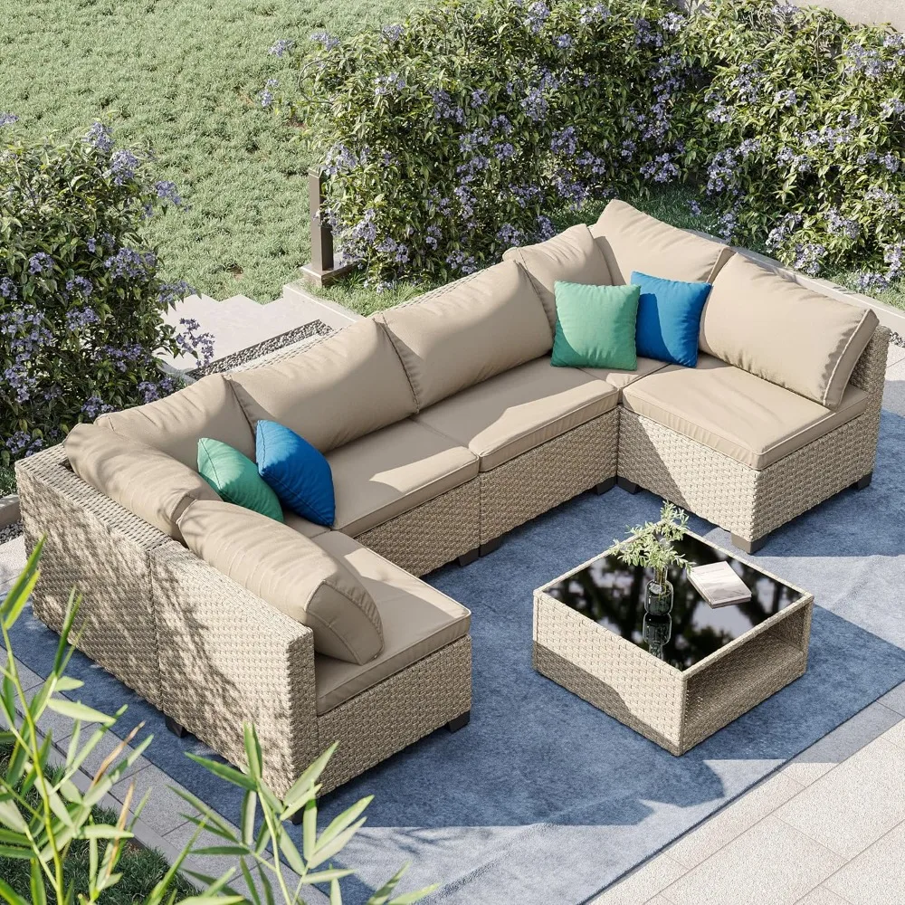 

Patio Furniture Set 7-Piece, All-Weather Outdoor Sectional Sofa with Waterproof Grey Cushions & Coffee Table for Backyard