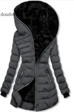 Winter Cotton-Padded Coat Women\'s Hooded Warm Velvet Cotton-Padded Jacket Mid-Length Coat Casual Black Cotton-Padded Jacket