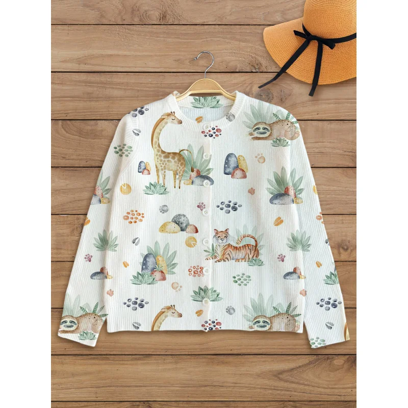 

Лесной стиль, сладкий лев, лев, жираф, свитер с цифровым принтом для девочек, кардиган, утолщенный, свободный, с круглым вырезом, с длинными рукавами, на пуговицах, осень