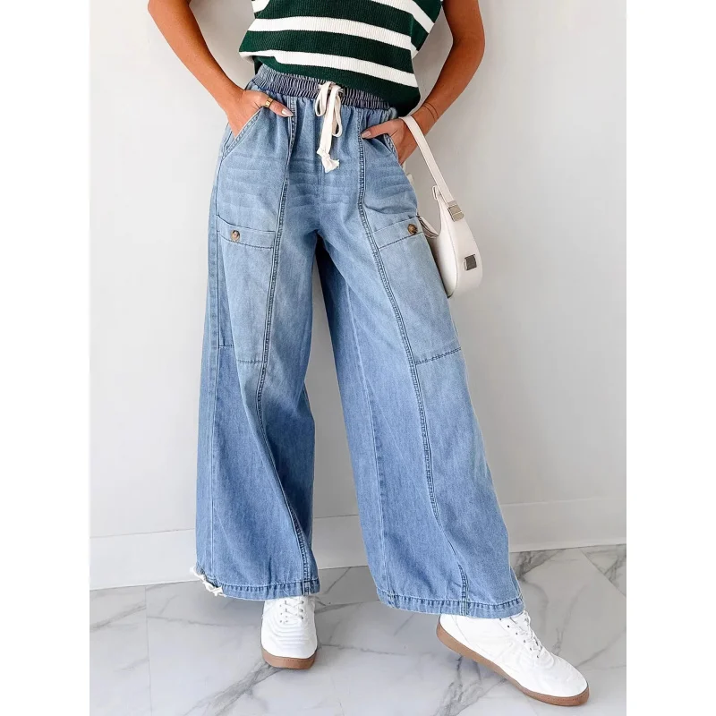Spring 2026 High-Waisted Straight-Leg Casual Women's Denim Pants Drawstring Loose Fit Comfortable Stylish Jeans