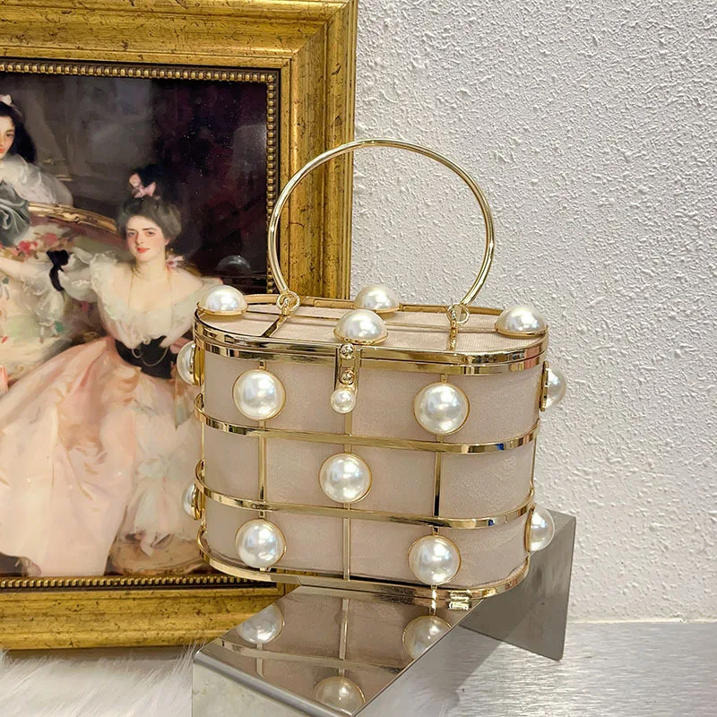 

Металлическая птичья клетка, полая сумка-ведро, блестящая, не блестящая, со стразами, портативная сумка для ужина премиум-класса с жемчугом