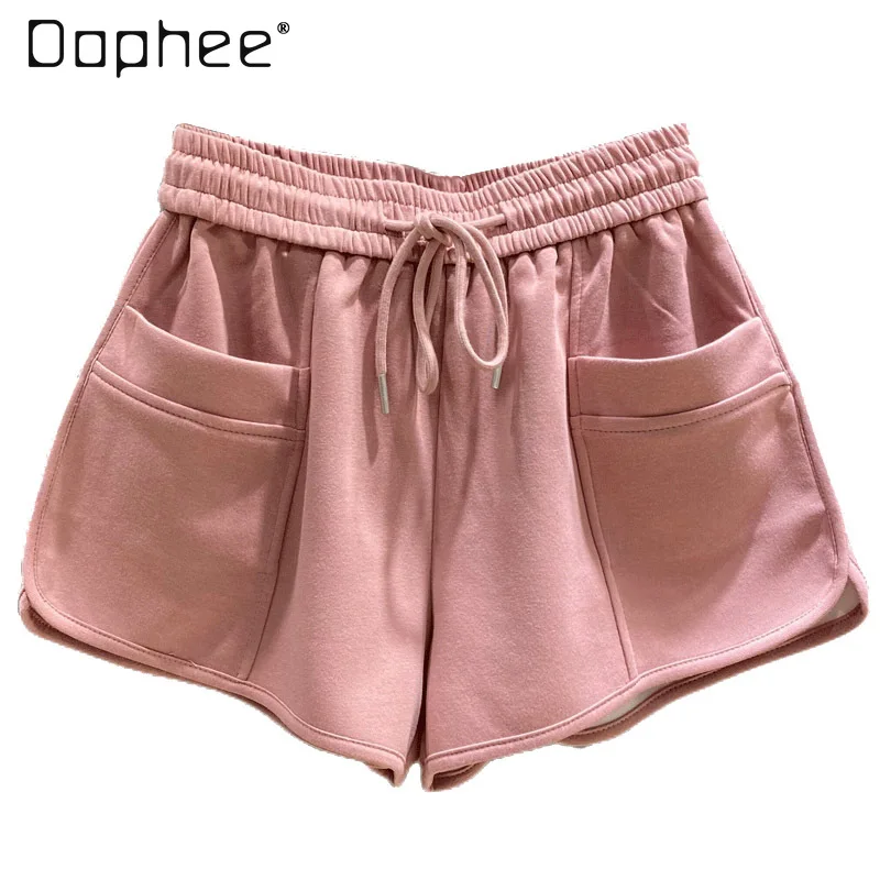 

Summer Loose Sports Shorts Women Casual Fitness Shorts Drawstring Elastic Waist Wide Leg Pockets Running Shorts Solid Color