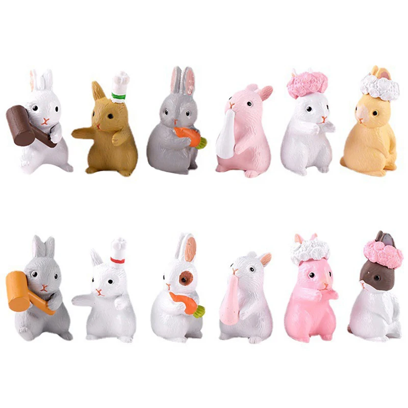 

12Pcs Cute Bunny Miniature Figure Ornaments Rabbit Easter Day Cake Decorations Home Desktop Car Interior Resin Ornament