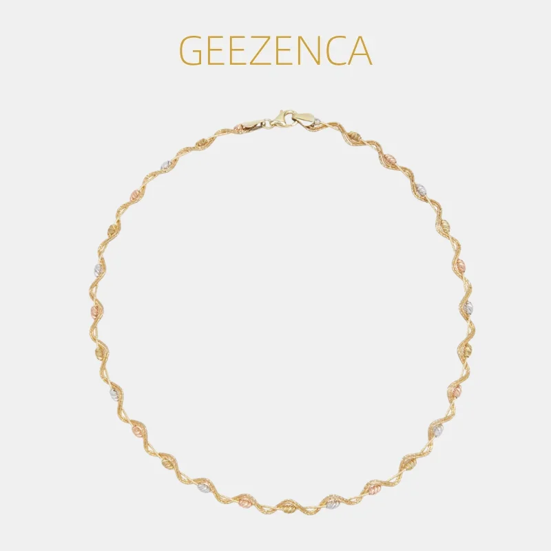 GEEZENCA Italian Jewelry 925 Sterling Silver Tri Toned Woven Chain Choker Necklace Women Shiny Trendy 5MM Layered Necklaces Gift