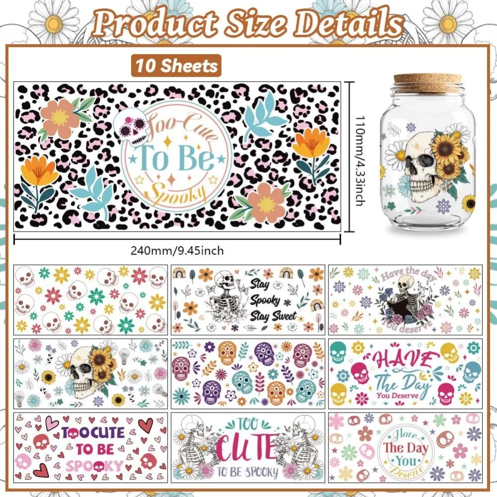 UV DTF Cup Wraps Transfer Stickers Skeleton Pattern 10 Sheets Waterproof  Vinyl Transfer Sticker 16oz Coffee Glass Cup