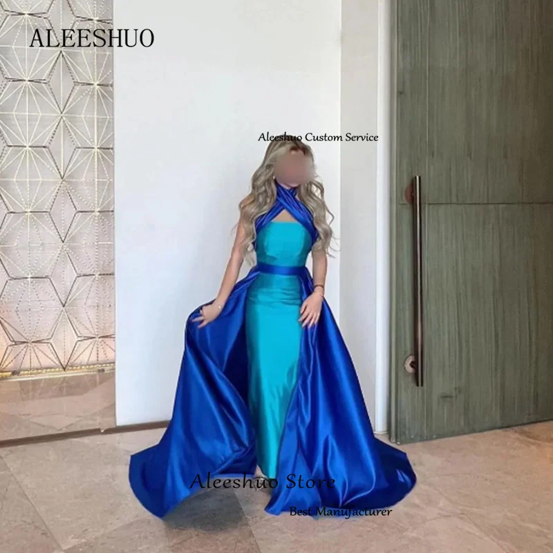 Arabia Blue Mermaid Satin Prom Dresses Halter Sleeveless Party Dresses Vestidos De Ocasión Ankle-Length Formales 2025 Customized