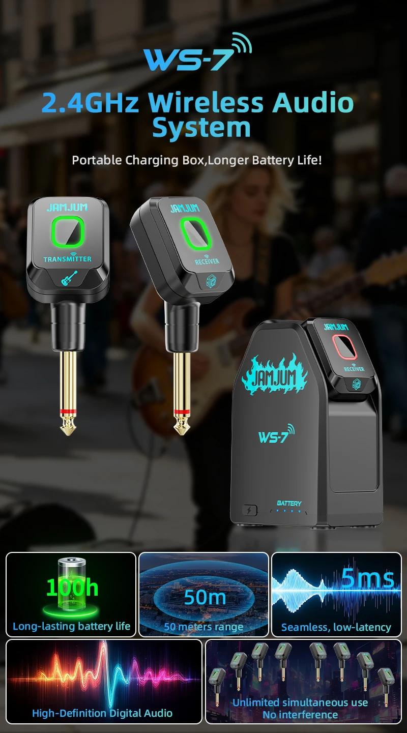 JAMJUM WS-7 Wireless Instrument System – 50m/20m Range, 5ms Low Latency, USB-C Charging, for Electric Guitar/Drum/Synth