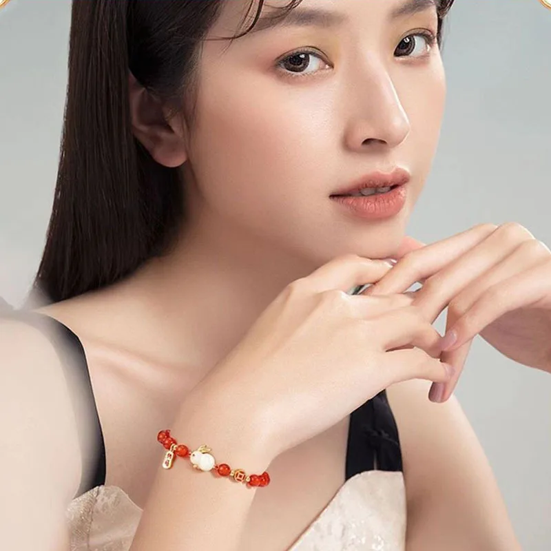 Lucky Wealth Red String Cartoon Bunny Bracelet Jade Rabbit Bless Elastic Beaded Charm Animal Bangle for Women Men Zodiac Jewelry - Image 3