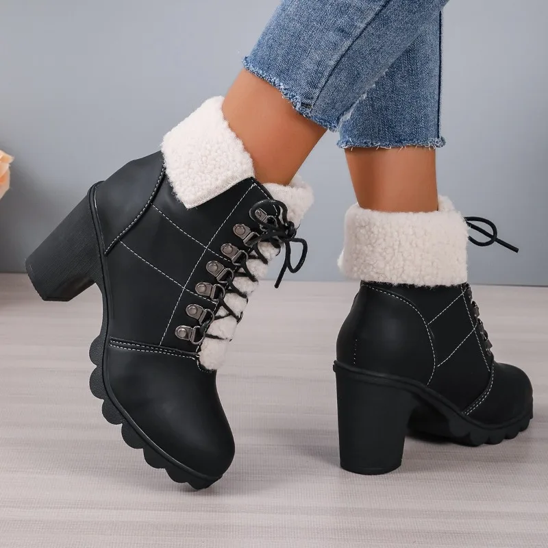 Botas con cordones delanteros para mujer, botines modernos con borde vuelto, talla grande, 2024